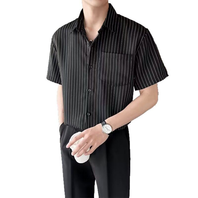 Black striped short sleeved shirt for men in summer