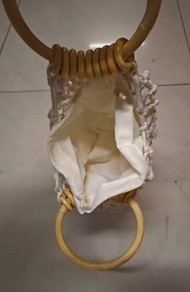 Handmade straw bag, small woven bag with round hollow handle, mesh bag, tote bag, niche brand bag for women, cotton thread, fishing net, hollow design.