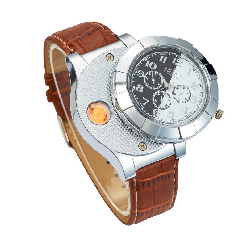 Electronic cigarette lighter watch USB rechargeable lighter multi-function watch silicone quartz watch fake three-eye watch
