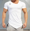 Men's bodybuilding and fitness irregular asymmetric T-shirt stretch cotton sports bottoming undershirt casual fashion short-sleeved T
