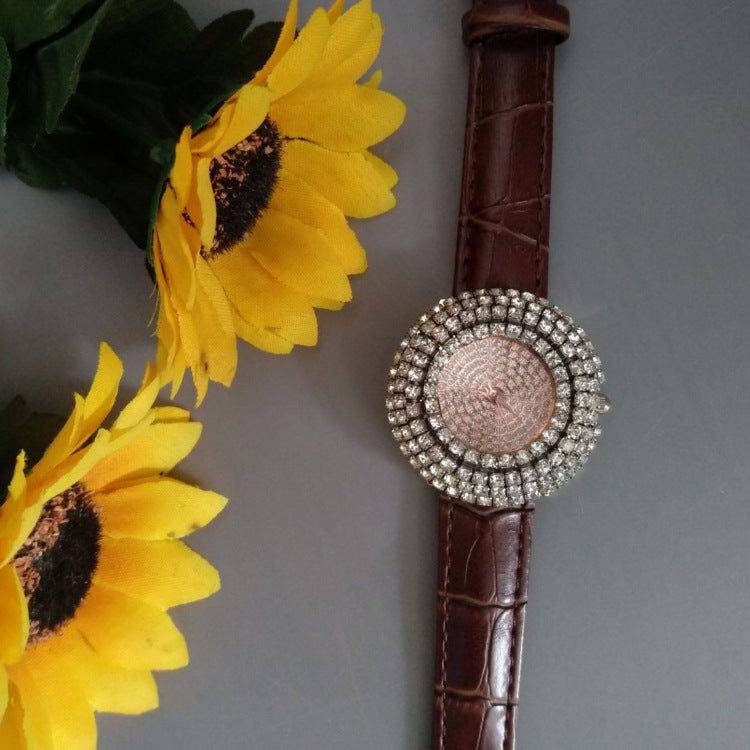 Women's Brown Watch - Rhinestone Detail, World Time
