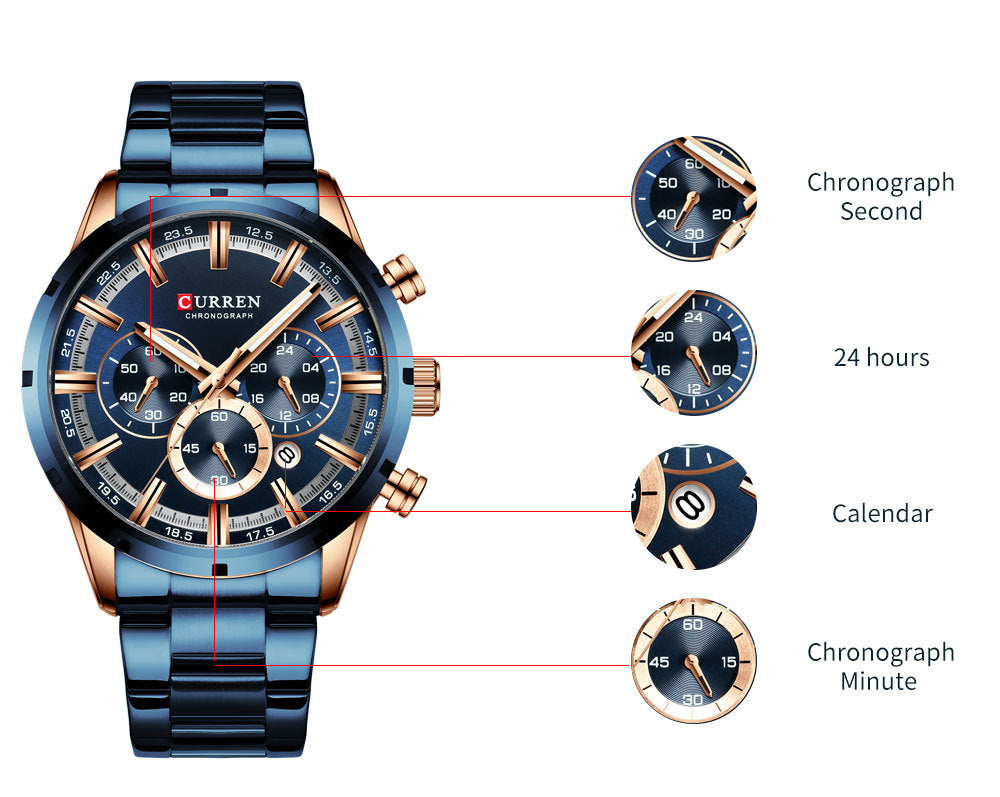 Curren / Karien new 8355 men's watch waterproof quartz six-pin calendar steel belt business men's watch