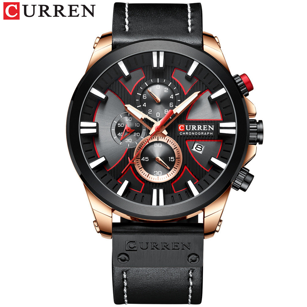 Men's Silver Black Multi-Hand Quartz Watch - Leather Strap