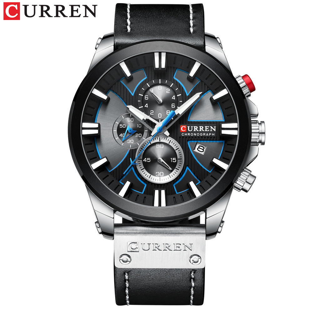 Men's Silver Black Multi-Hand Quartz Watch - Leather Strap