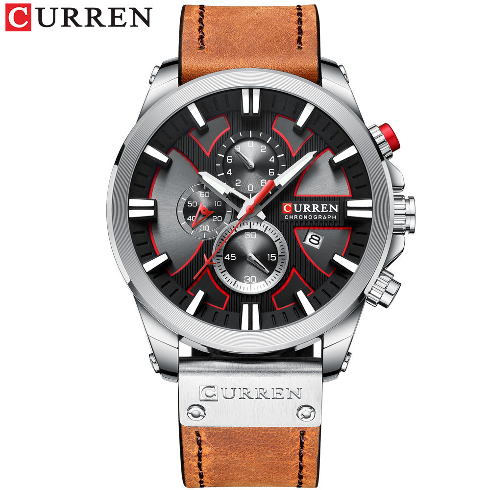 Men's Silver Black Multi-Hand Quartz Watch - Leather Strap
