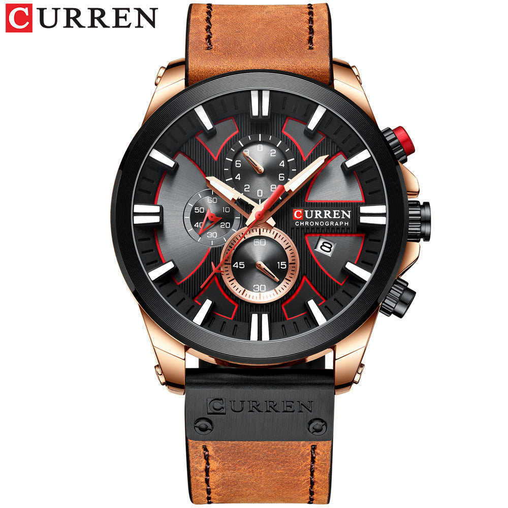 Men's Silver Black Multi-Hand Quartz Watch - Leather Strap
