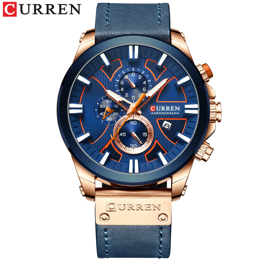 Men's Silver Black Multi-Hand Quartz Watch - Leather Strap