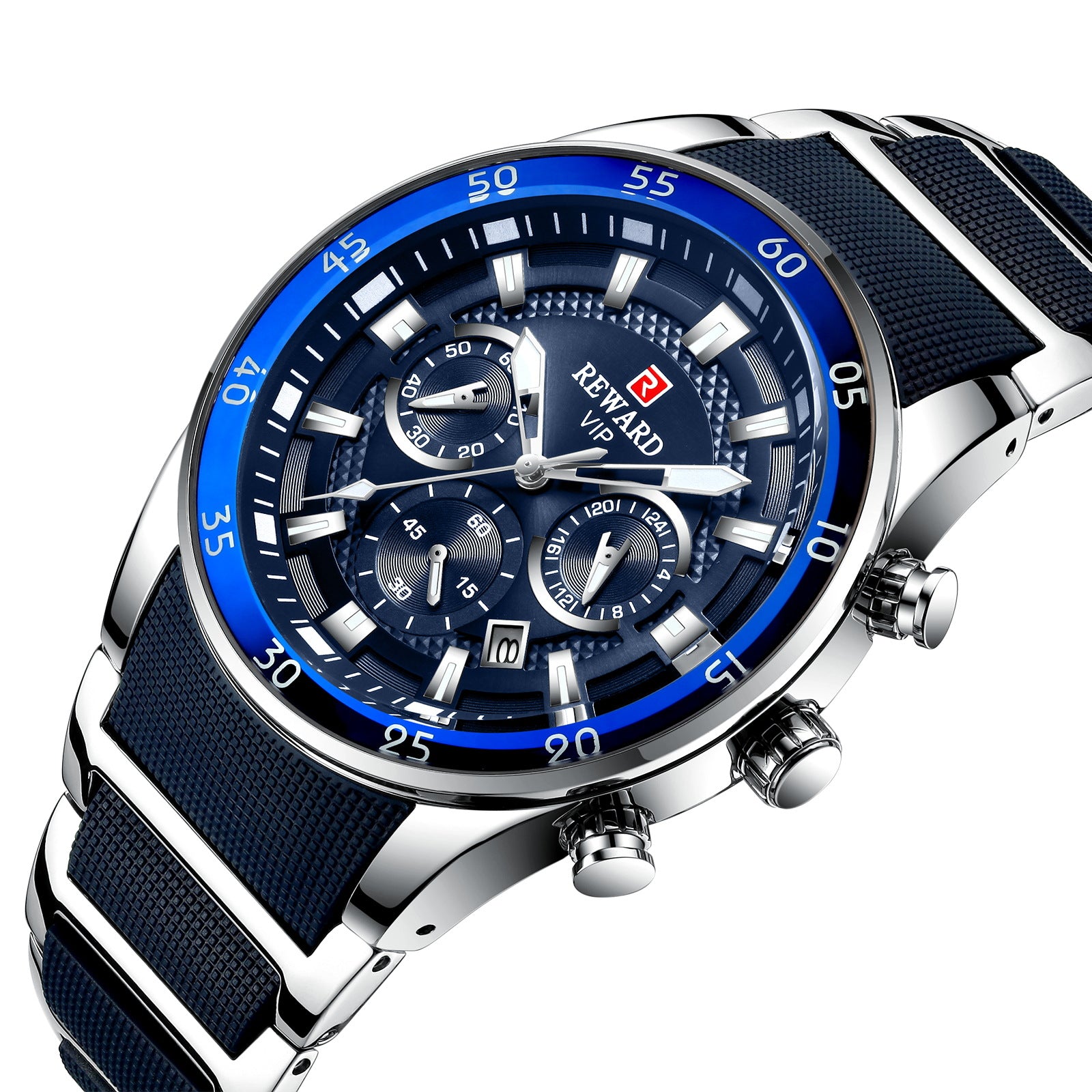 Reward brand genuine multifunctional sports foreign trade three-eye watch calendar luminous waterproof solid steel belt men's watch