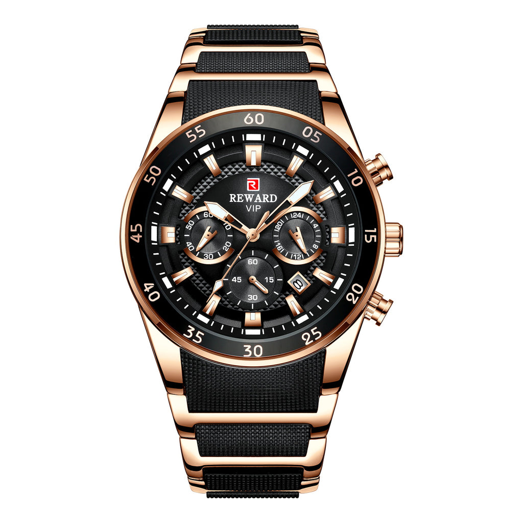 Reward brand genuine multifunctional sports foreign trade three-eye watch calendar luminous waterproof solid steel belt men's watch