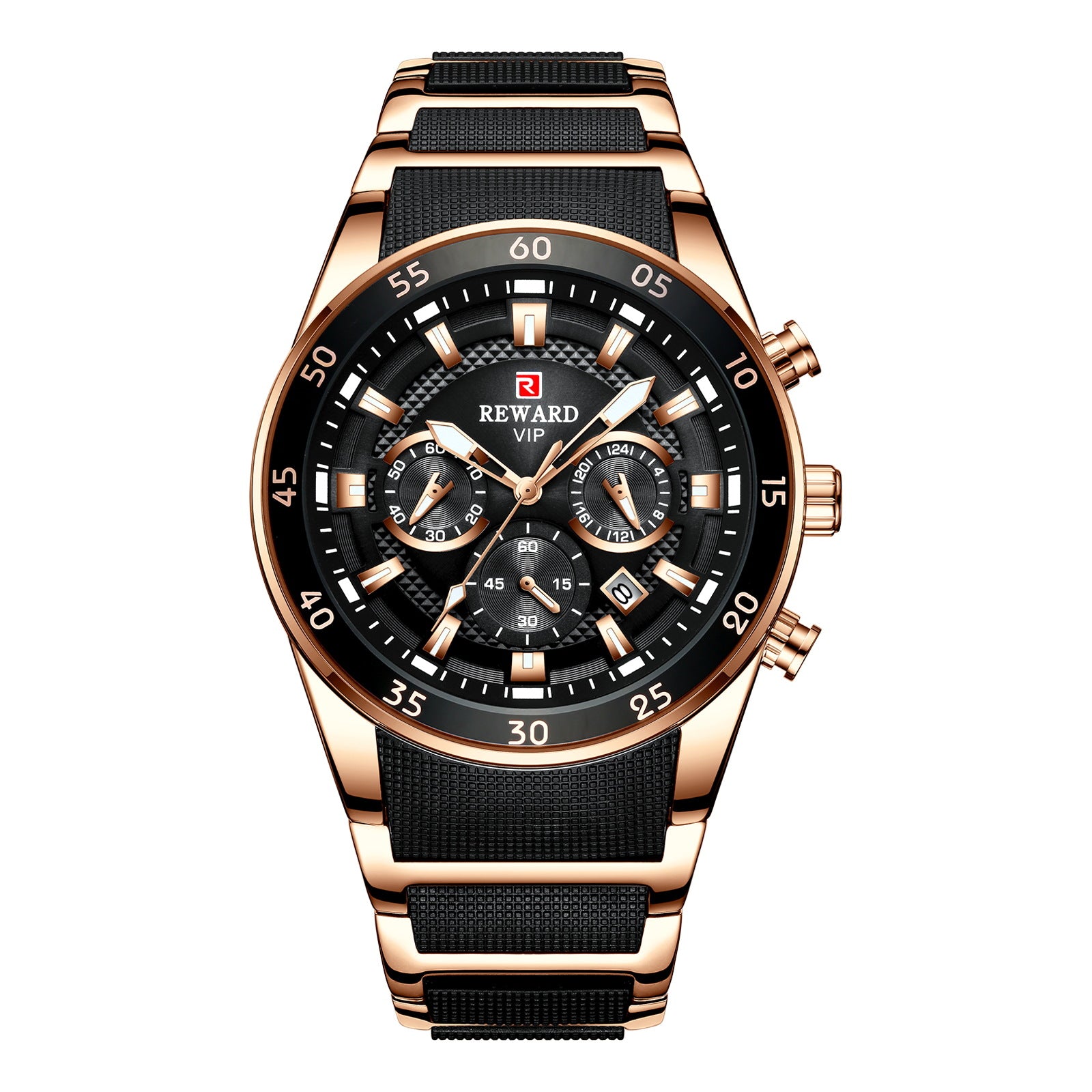 Reward brand genuine multifunctional sports foreign trade three-eye watch calendar luminous waterproof solid steel belt men's watch
