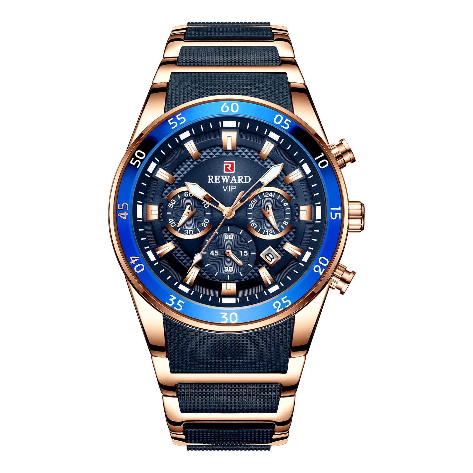 Reward brand genuine multifunctional sports foreign trade three-eye watch calendar luminous waterproof solid steel belt men's watch