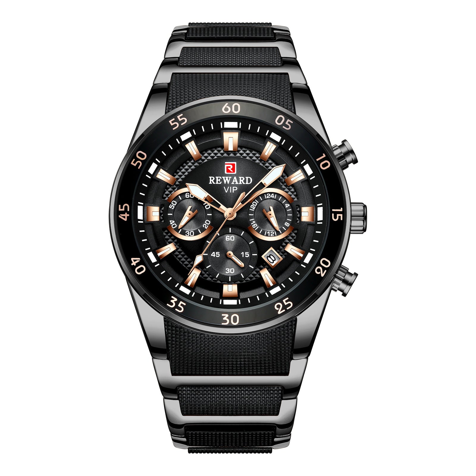 Reward brand genuine multifunctional sports foreign trade three-eye watch calendar luminous waterproof solid steel belt men's watch