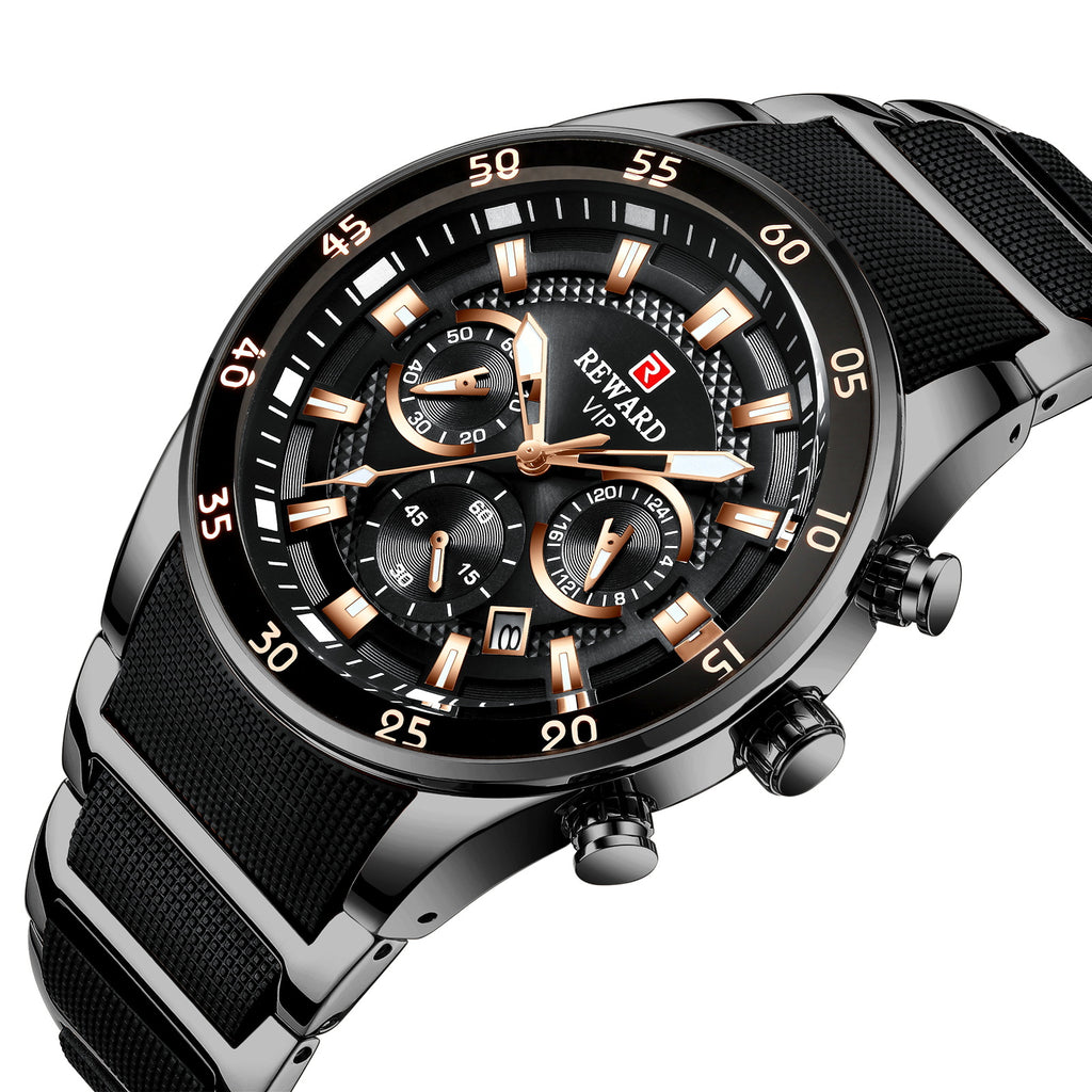 Reward brand genuine multifunctional sports foreign trade three-eye watch calendar luminous waterproof solid steel belt men's watch