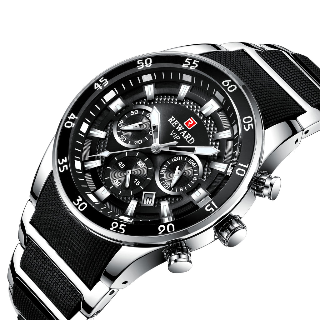 Reward brand genuine multifunctional sports foreign trade three-eye watch calendar luminous waterproof solid steel belt men's watch