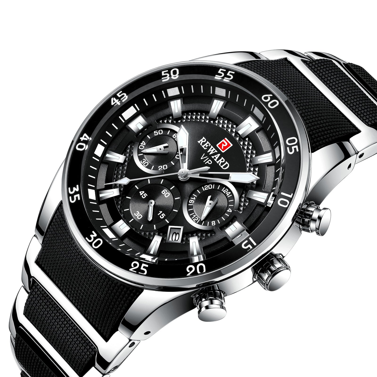 Reward brand genuine multifunctional sports foreign trade three-eye watch calendar luminous waterproof solid steel belt men's watch