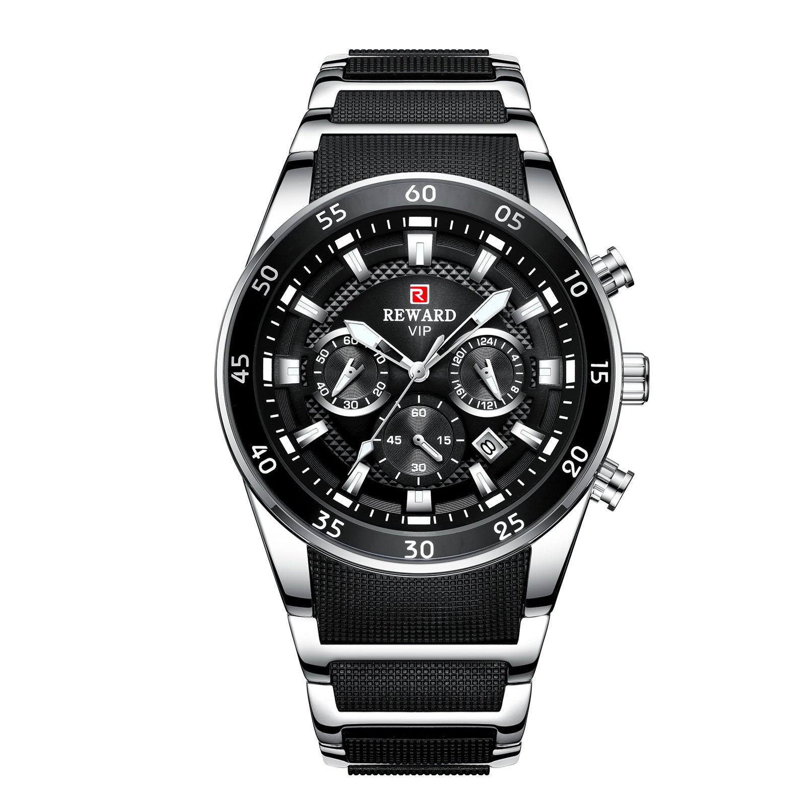 Reward brand genuine multifunctional sports foreign trade three-eye watch calendar luminous waterproof solid steel belt men's watch