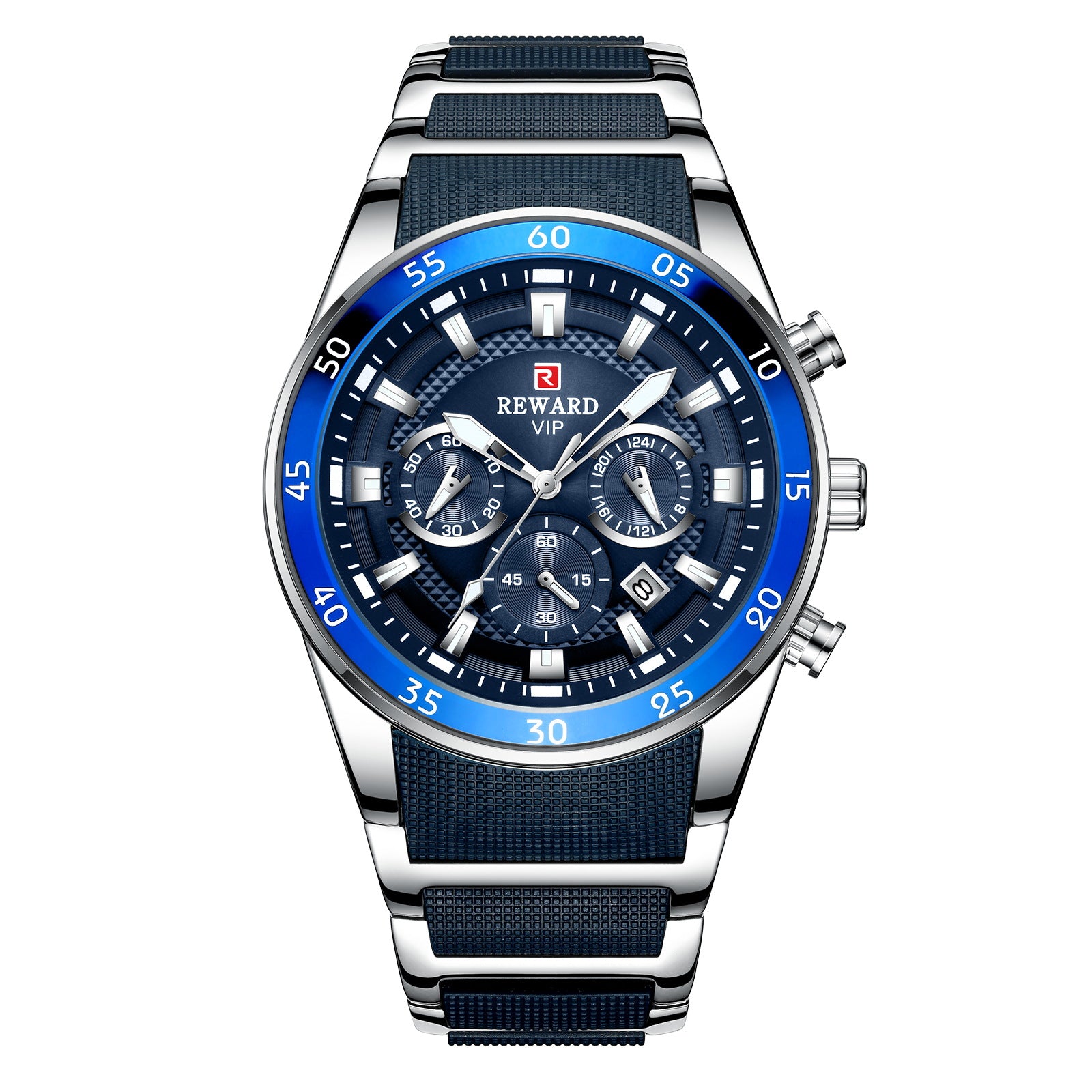 Reward brand genuine multifunctional sports foreign trade three-eye watch calendar luminous waterproof solid steel belt men's watch