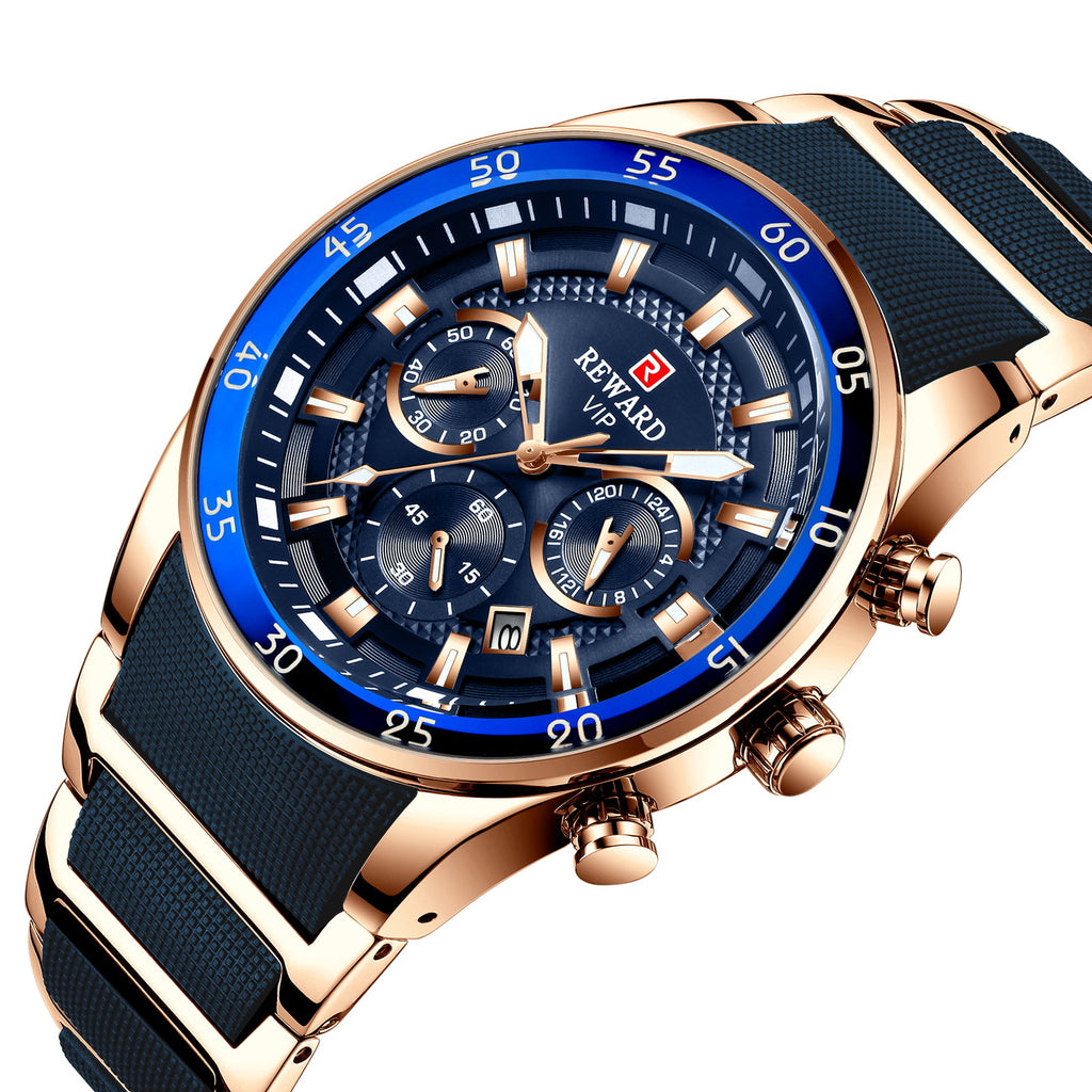 Reward brand genuine multifunctional sports foreign trade three-eye watch calendar luminous waterproof solid steel belt men's watch
