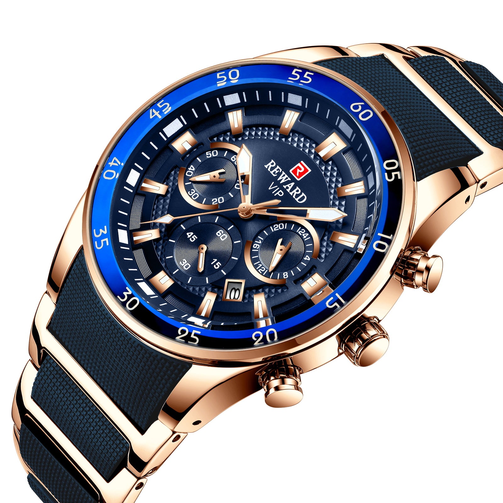 Reward brand genuine multifunctional sports foreign trade three-eye watch calendar luminous waterproof solid steel belt men's watch