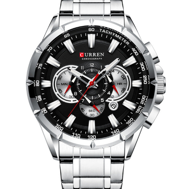 Men's Silver Black Multi-Hand Quartz Watch - Waterproof