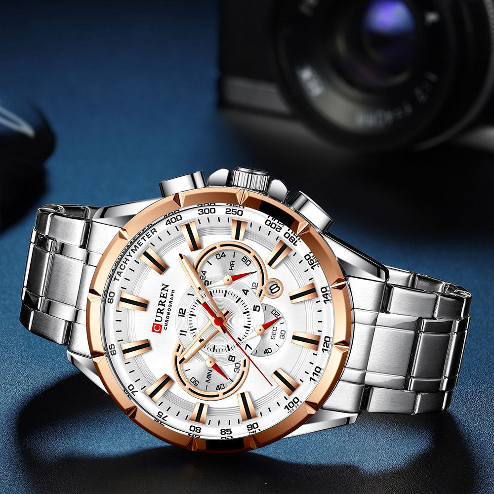 Men's Silver Black Multi-Hand Quartz Watch - Waterproof