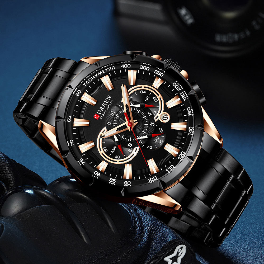Men's Silver Black Multi-Hand Quartz Watch - Waterproof