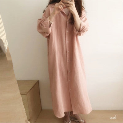 388 Korean Casual Shirt Dress 2025 Spring New Women's Clothing Plus Size Loose Shirt Dress Long Cotton Linen Export