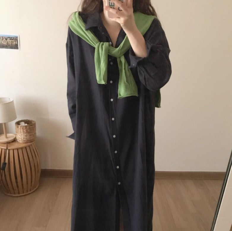 388 Korean Casual Shirt Dress 2025 Spring New Women's Clothing Plus Size Loose Shirt Dress Long Cotton Linen Export