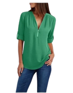 2023ebay European and American shirt V-neck zipper large size women's long sleeves rollable sleeves loose chiffon shirt European and American