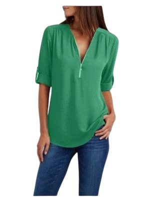 2023ebay European and American shirt V-neck zipper large size women's long sleeves rollable sleeves loose chiffon shirt European and American