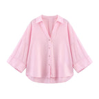 Women's Long Sleeve Single-Button Striped Shirt with Notch Lapel