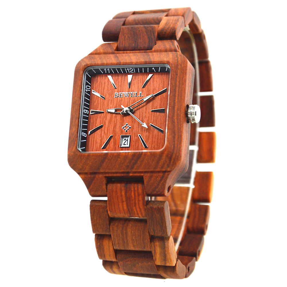 BEWELL Square Men's Fashion Calendar Movement Sandalwood Watch Factory Wholesale Available Wooden Watch with Double Calendar