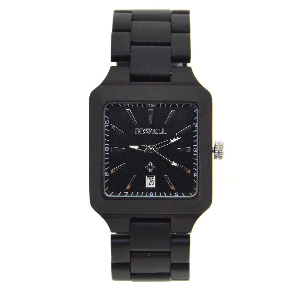 BEWELL Square Men's Fashion Calendar Movement Sandalwood Watch Factory Wholesale Available Wooden Watch with Double Calendar