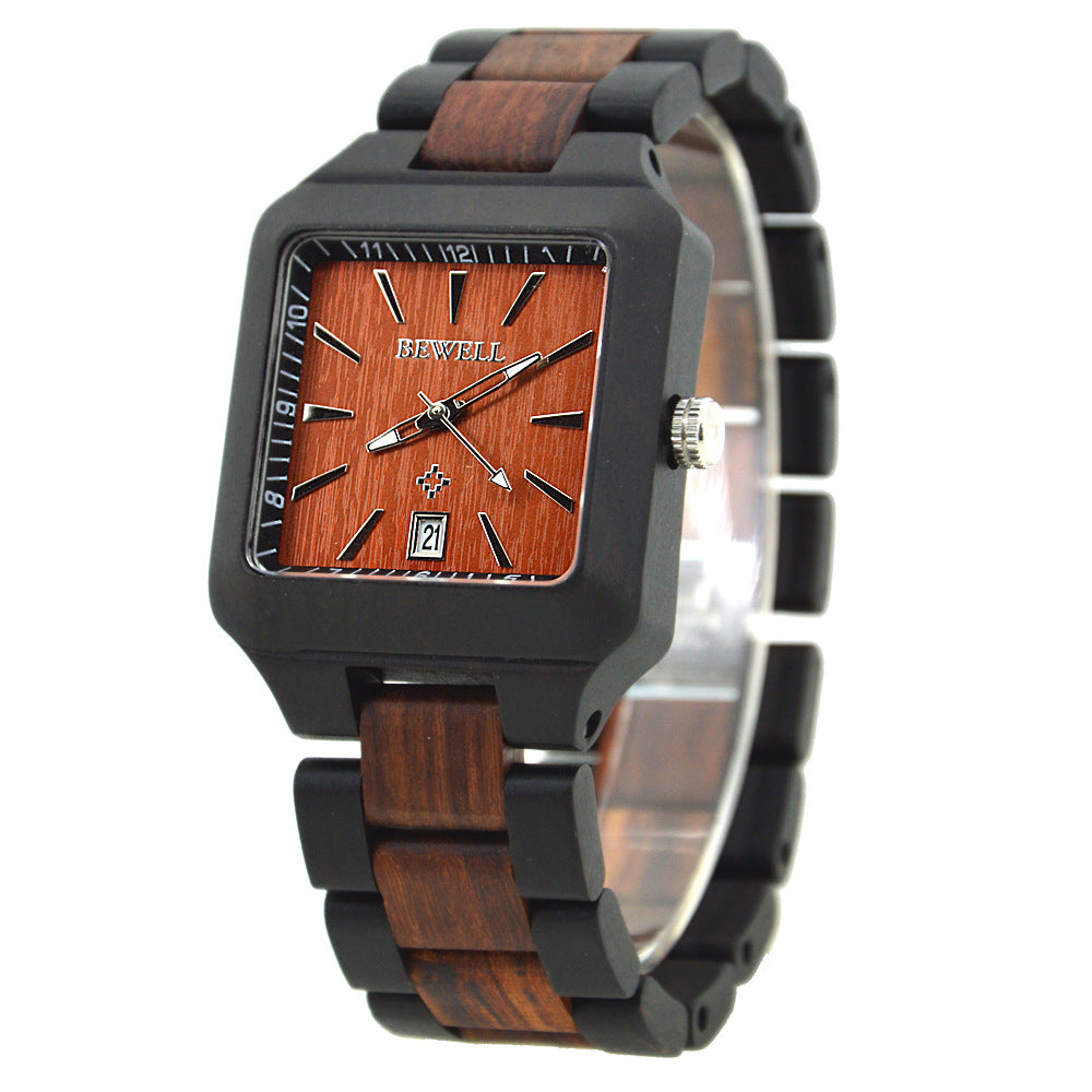 BEWELL Square Men's Fashion Calendar Movement Sandalwood Watch Factory Wholesale Available Wooden Watch with Double Calendar