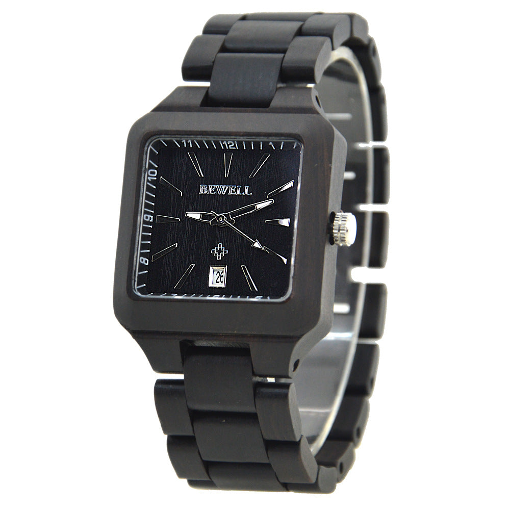 BEWELL Square Men's Fashion Calendar Movement Sandalwood Watch Factory Wholesale Available Wooden Watch with Double Calendar