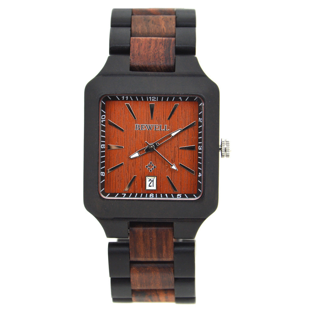 BEWELL Square Men's Fashion Calendar Movement Sandalwood Watch Factory Wholesale Available Wooden Watch with Double Calendar