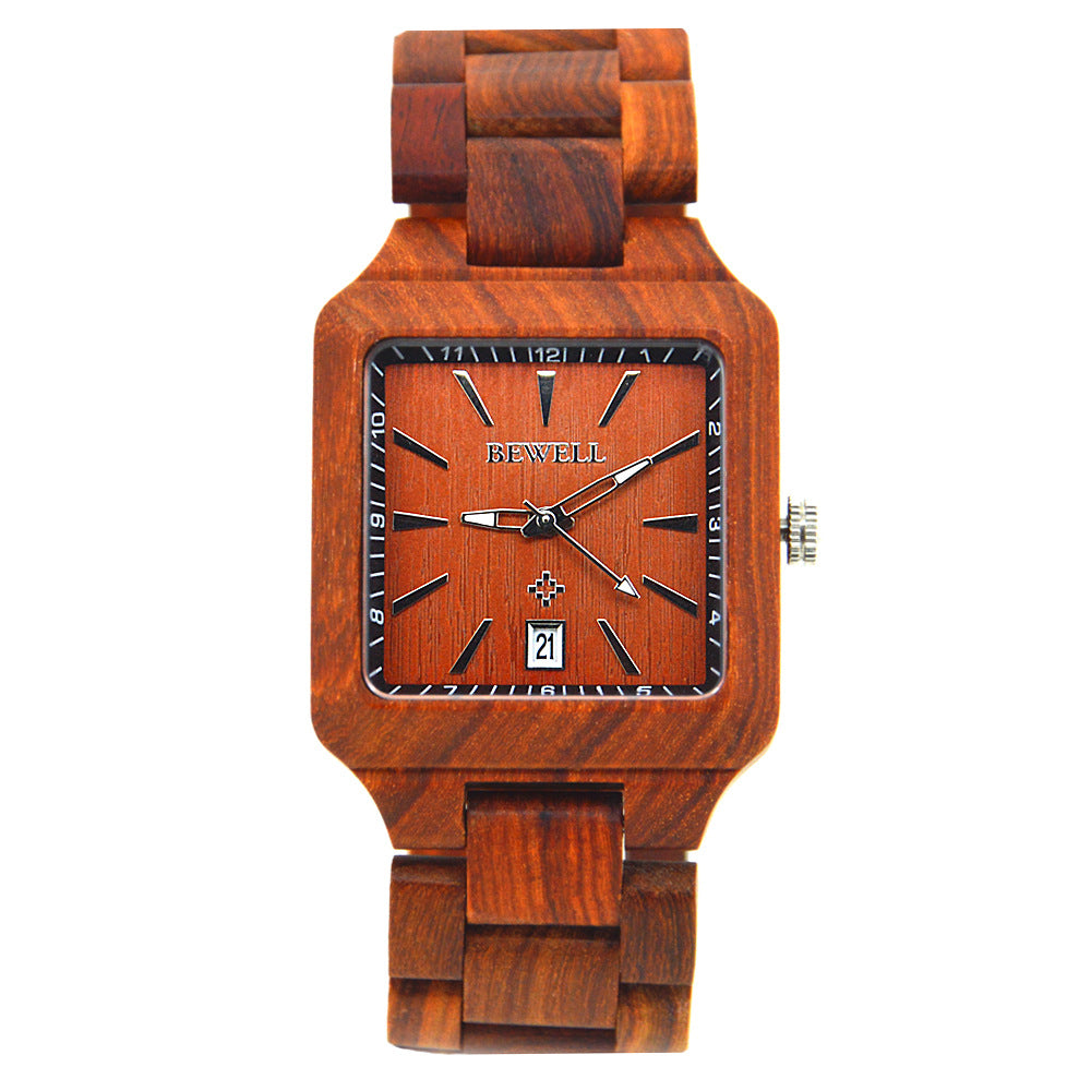 BEWELL Square Men's Fashion Calendar Movement Sandalwood Watch Factory Wholesale Available Wooden Watch with Double Calendar