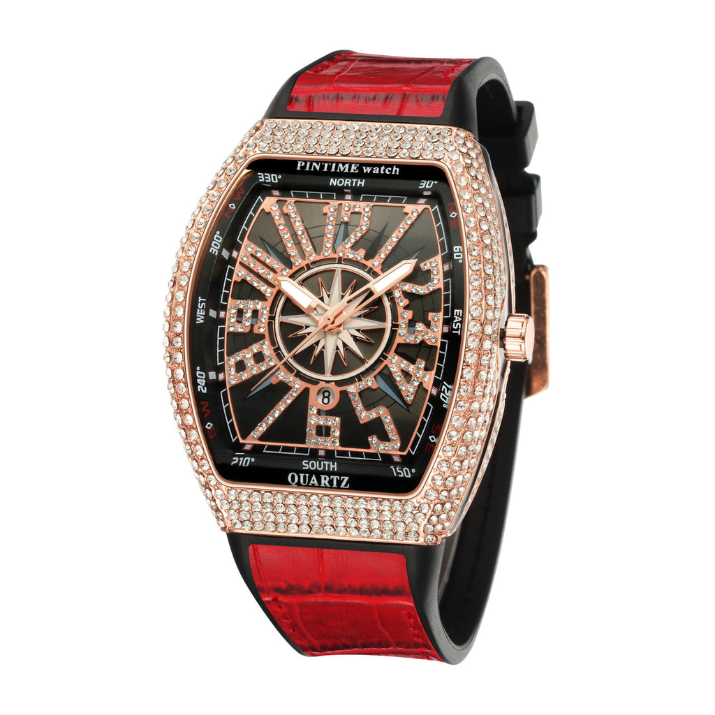 Men's Rose Blue Crystal Barrel Watch - Quartz, Leather Strap