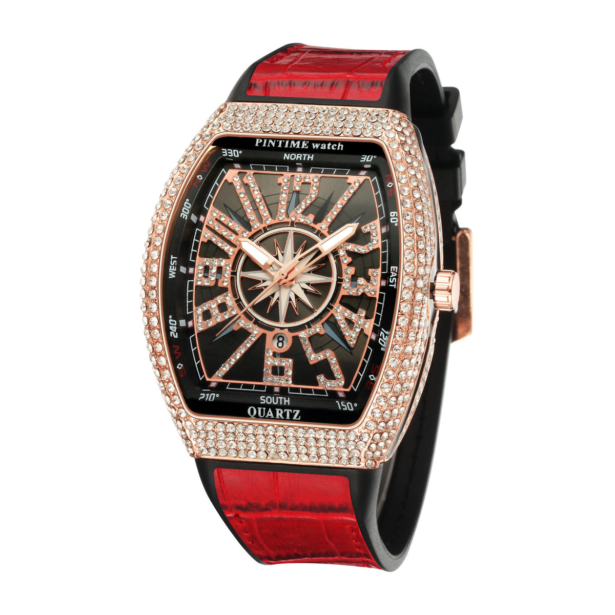 Men's Rose Blue Crystal Barrel Watch - Quartz, Leather Strap