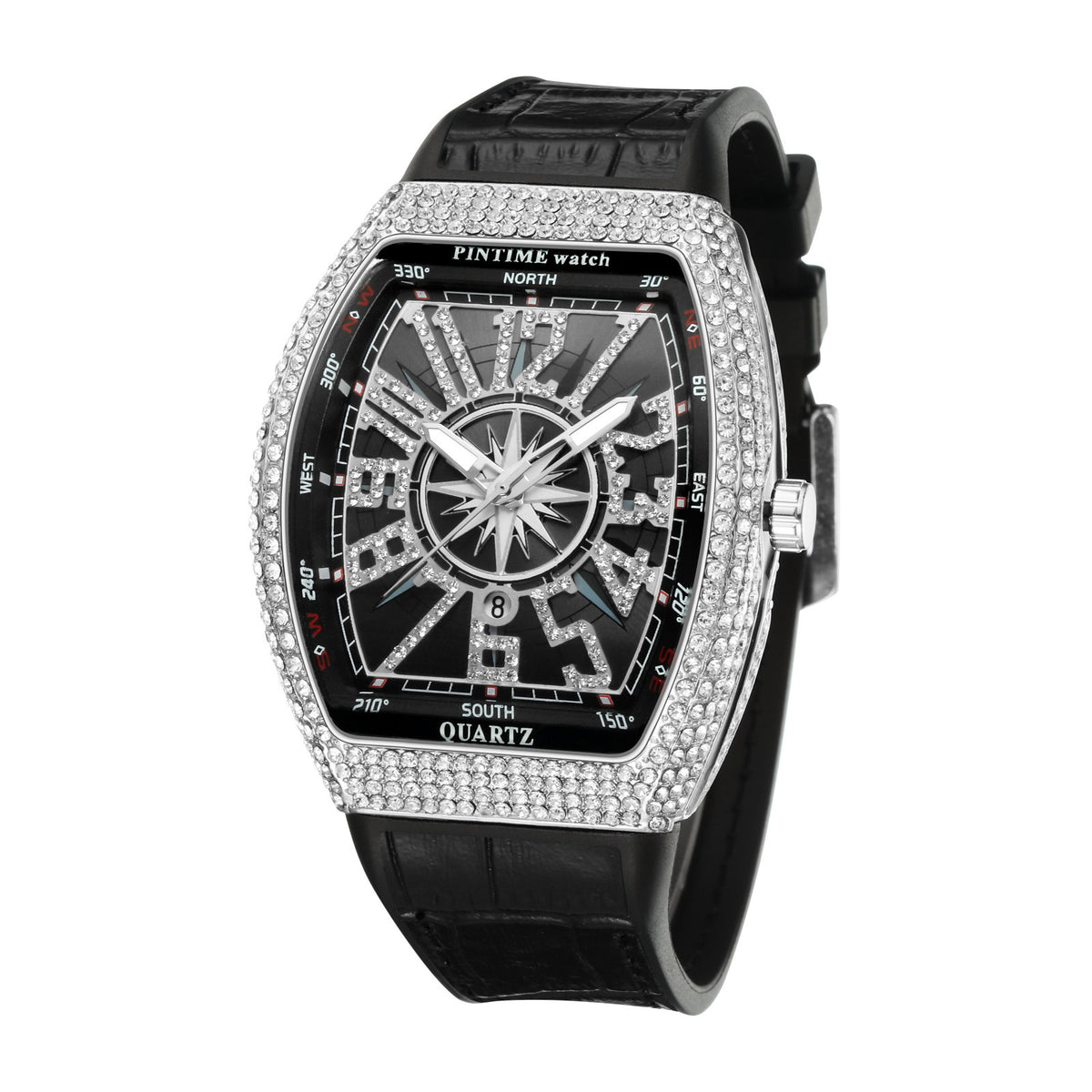 Men's Rose Blue Crystal Barrel Watch - Quartz, Leather Strap