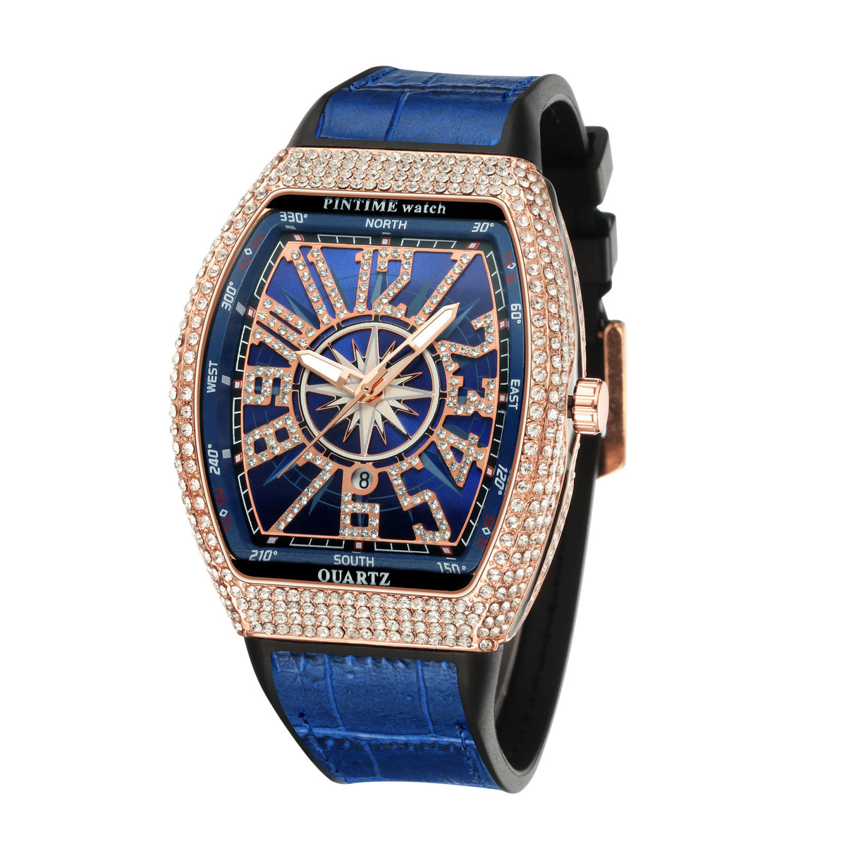 Men's Rose Blue Crystal Barrel Watch - Quartz, Leather Strap