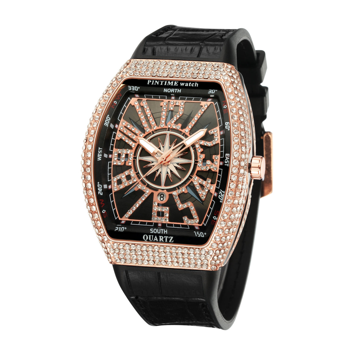 Men's Rose Blue Crystal Barrel Watch - Quartz, Leather Strap