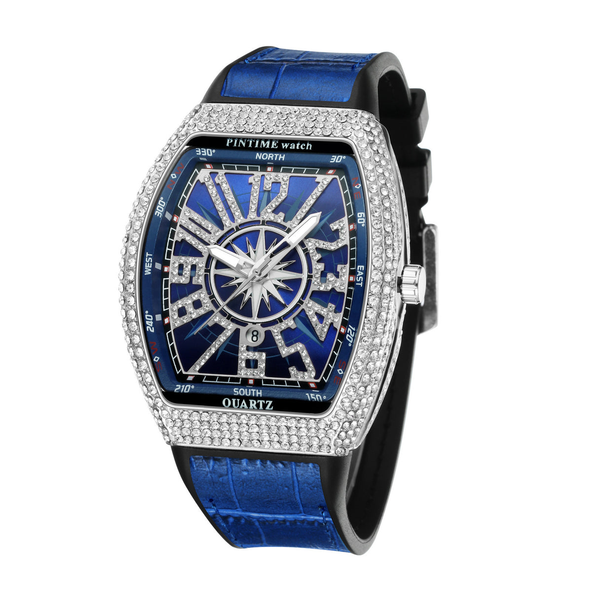 Men's Rose Blue Crystal Barrel Watch - Quartz, Leather Strap