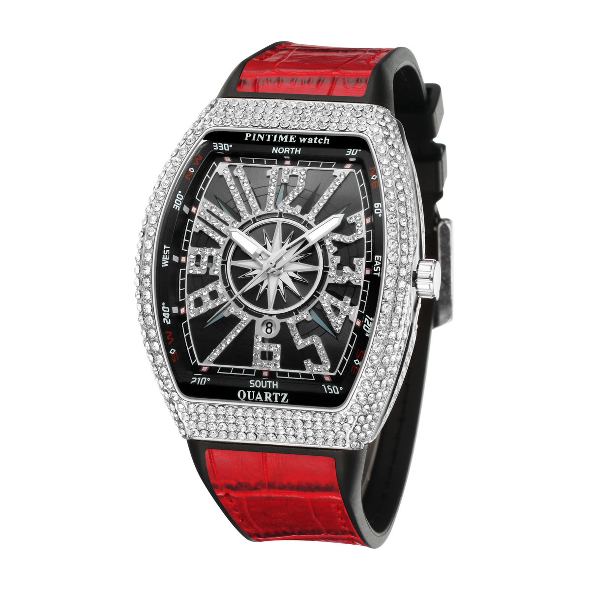 Men's Rose Blue Crystal Barrel Watch - Quartz, Leather Strap