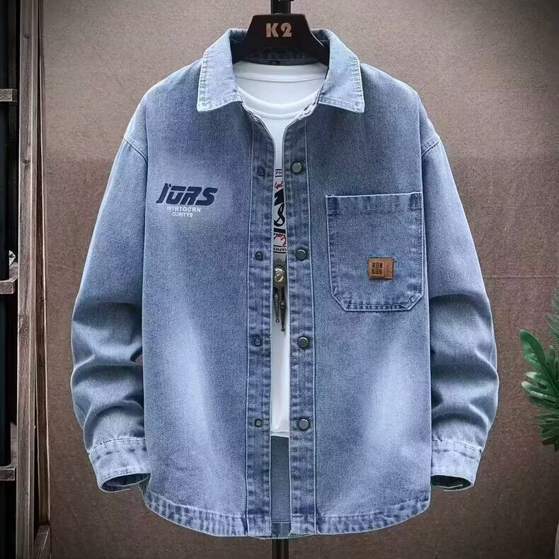 Retro Black Denim Jacket for Men, Street Style Loose Casual Notch Lapel Coat