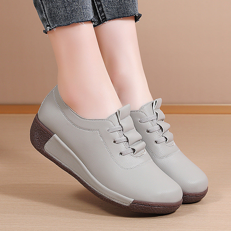 Large Size Sports Shoes for Women, Korean Version Thick Sole Rocking Shoes for Women, Genuine Leather Slip-On Wedge Heel Casual Mother Shoes