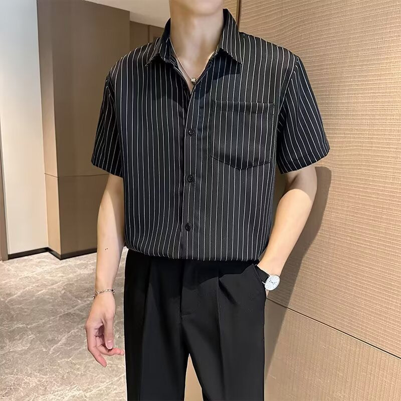 Black striped short sleeved shirt for men in summer