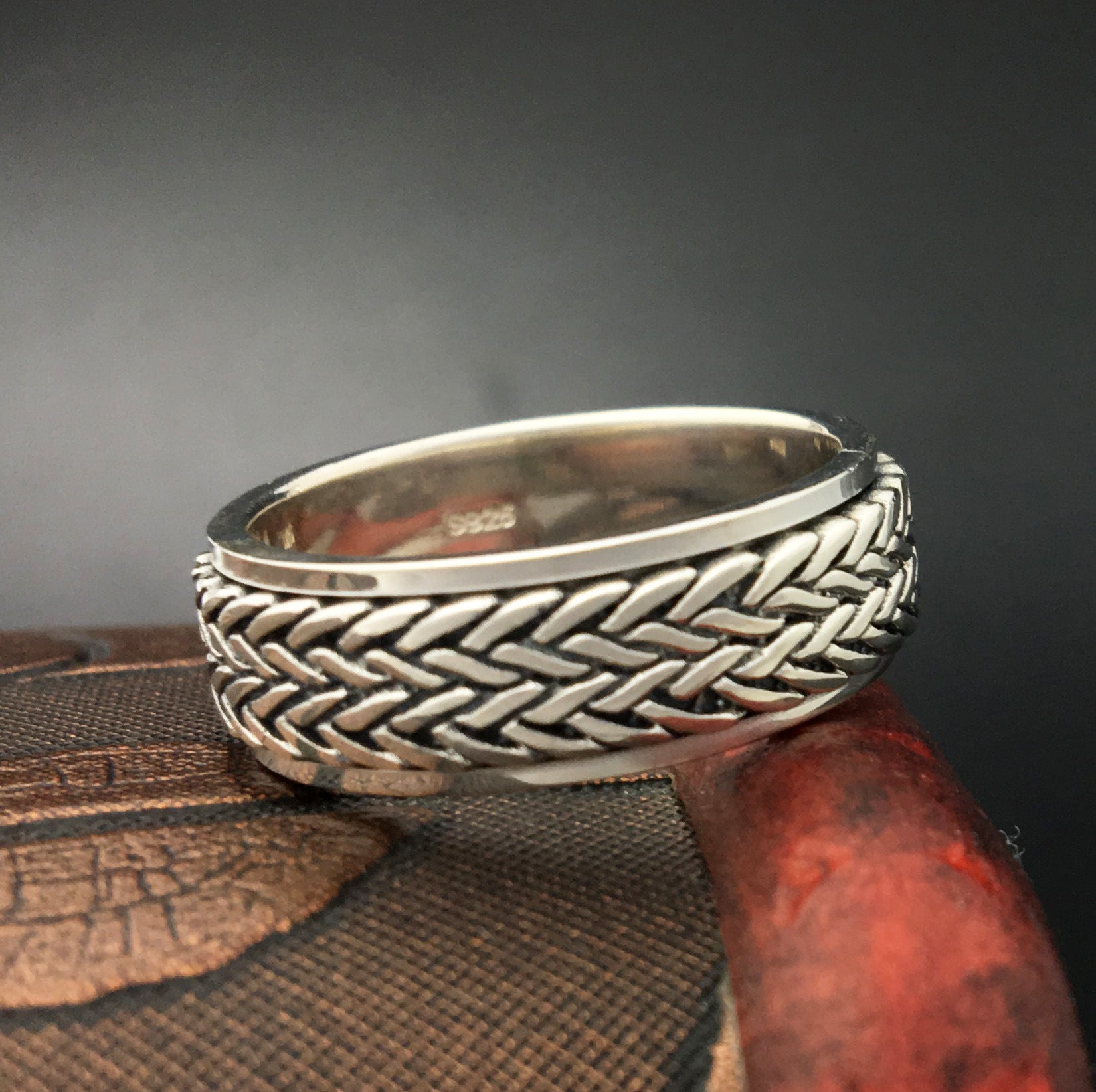 S925 sterling silver jewelry handmade retro Thai silver personality ring men's rotating hemp rope ring