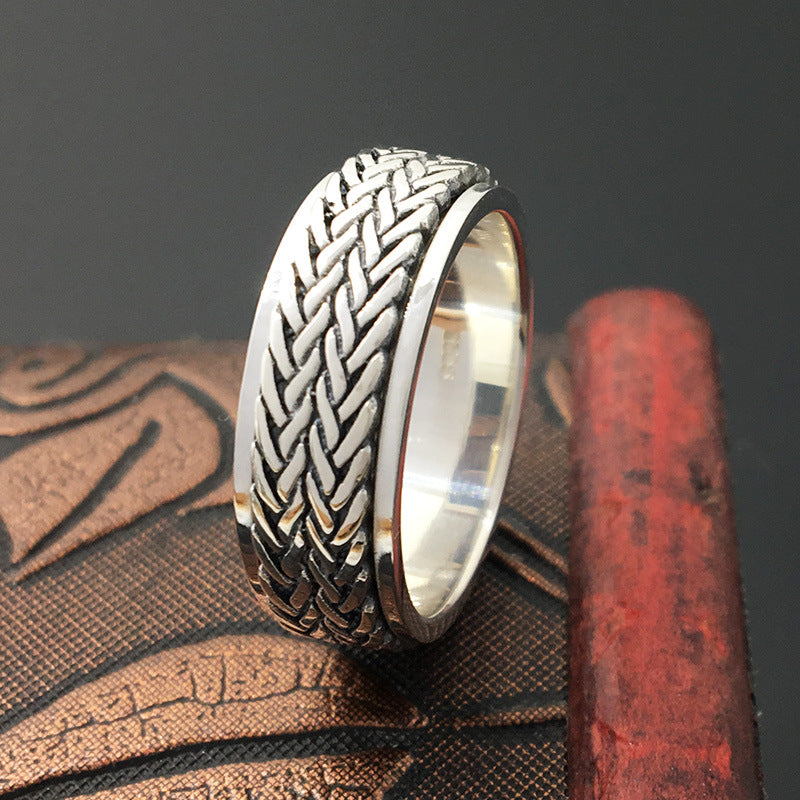 S925 sterling silver jewelry handmade retro Thai silver personality ring men's rotating hemp rope ring