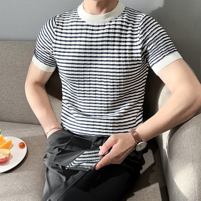 Round neck striped knitted shirt short sleeved T-shirt for men